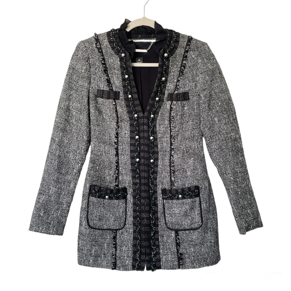 WHBM Long Tweed Embellished Trophy Blazer Black Gray Jacket Size 00